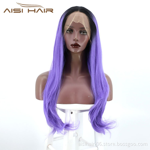 Aisi Hair New Design Top Quality Party Long Body Wave Ombre Purple Lace Frontal Synthetic Hair For Black Women Lace Front Wig